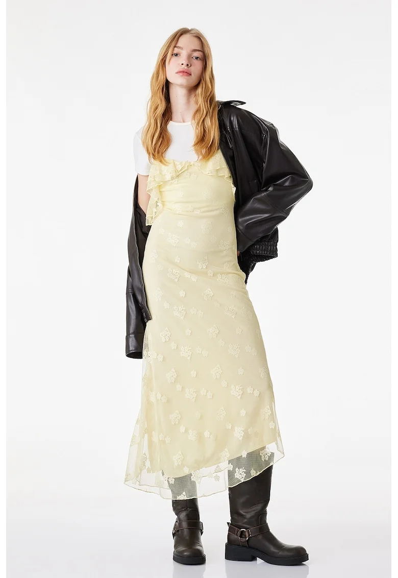 Rochie asimetrica cu umeri decupati, Galben pal