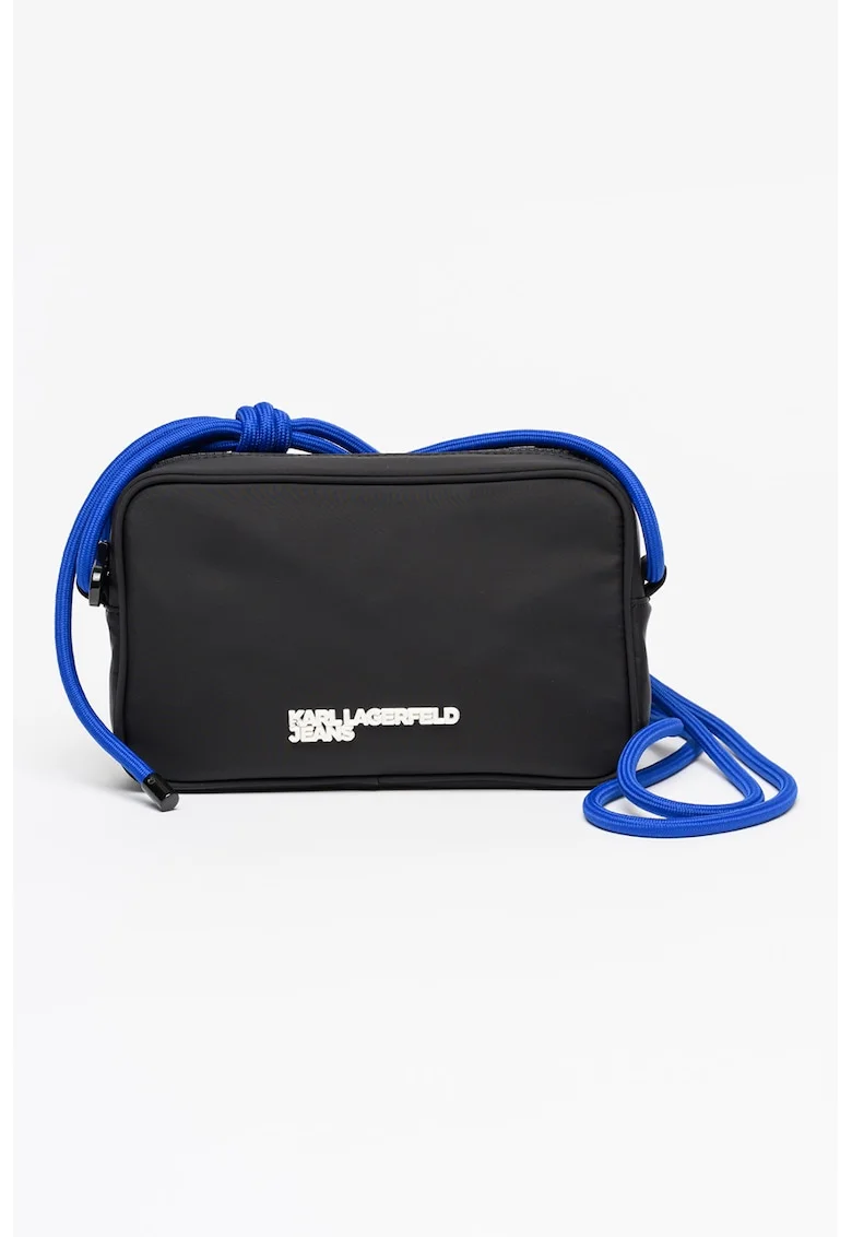 Geanta crossbody cu aplicatie logo, Negru/Albastru royal
