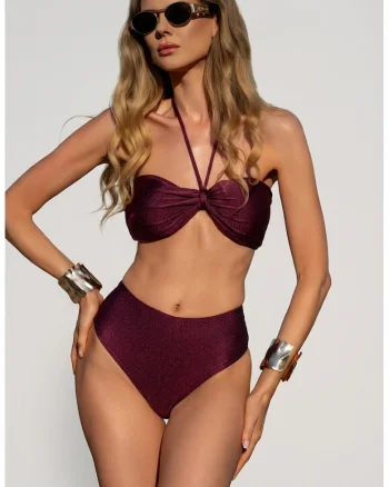 Costum de baie din 2 piese, cu sutien bandeau si slip clasic cu talie inalta, Mov inchis