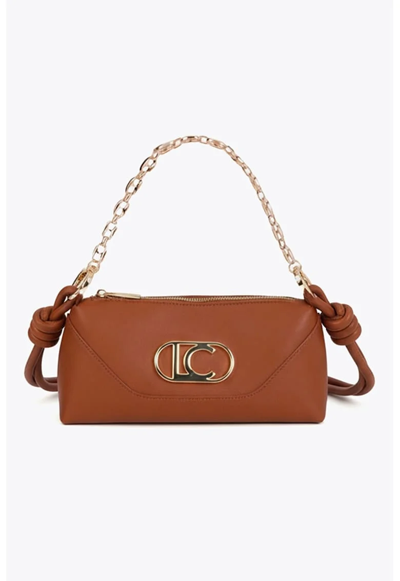 Geanta crossbody din piele ecologica cu logo metalic, Maro