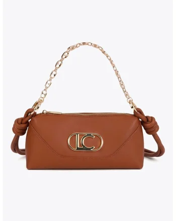 Geanta crossbody din piele ecologica cu logo metalic, Maro