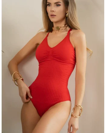 Costum de Baie "Crinkle Contour" tip "Body Intreg cu Bretele Subtiri Reglabile si Cupe Push Up" - Rosu