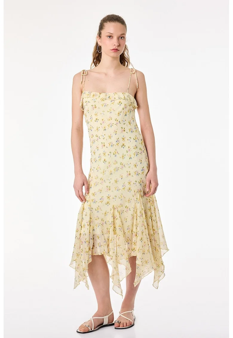 Rochie midi cu model floral si volane, Alb/Verde/Lila