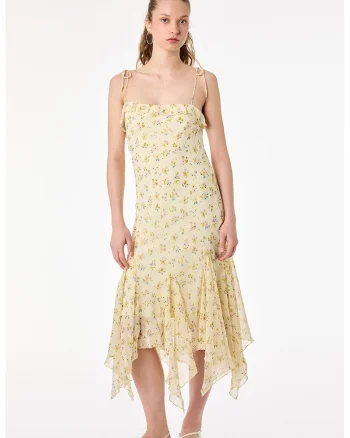 Rochie midi cu model floral si volane, Alb/Verde/Lila