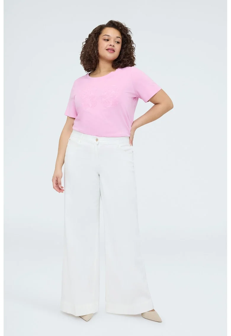 Tricou cu decolteu rotund si design brodat, Roz pastel