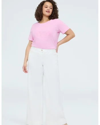 Tricou cu decolteu rotund si design brodat, Roz pastel