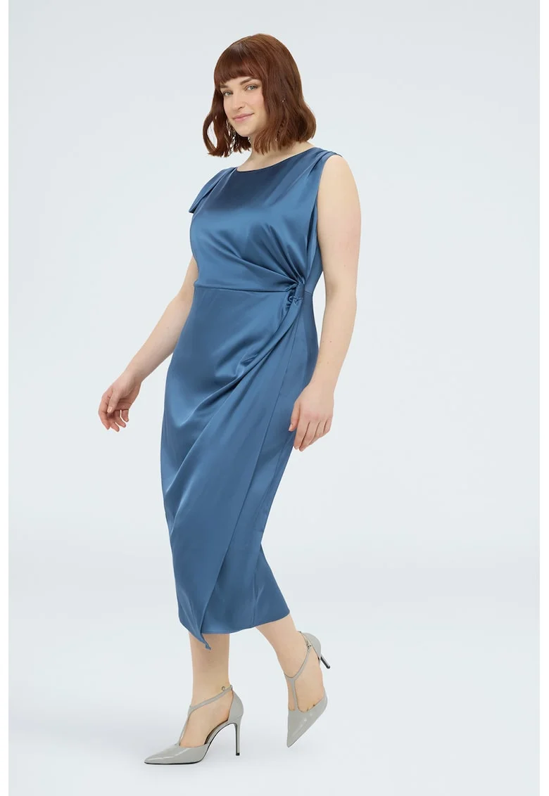 Rochie creion din satin cu maneci detasabile, Albastru