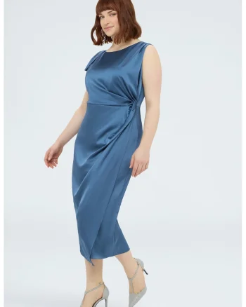 Rochie creion din satin cu maneci detasabile, Albastru