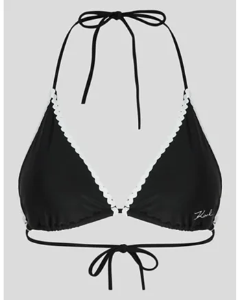 Sutien de baie cu cupe triunghiulare si decolteu halter, Alb/Negru