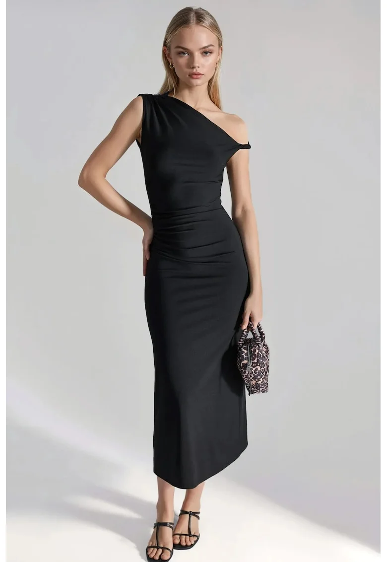 Rochie midi bodycon  guler asimetric, neagra, jerseu