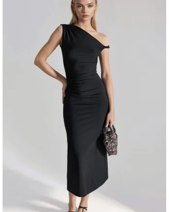 Rochie midi bodycon  guler asimetric, neagra, jerseu