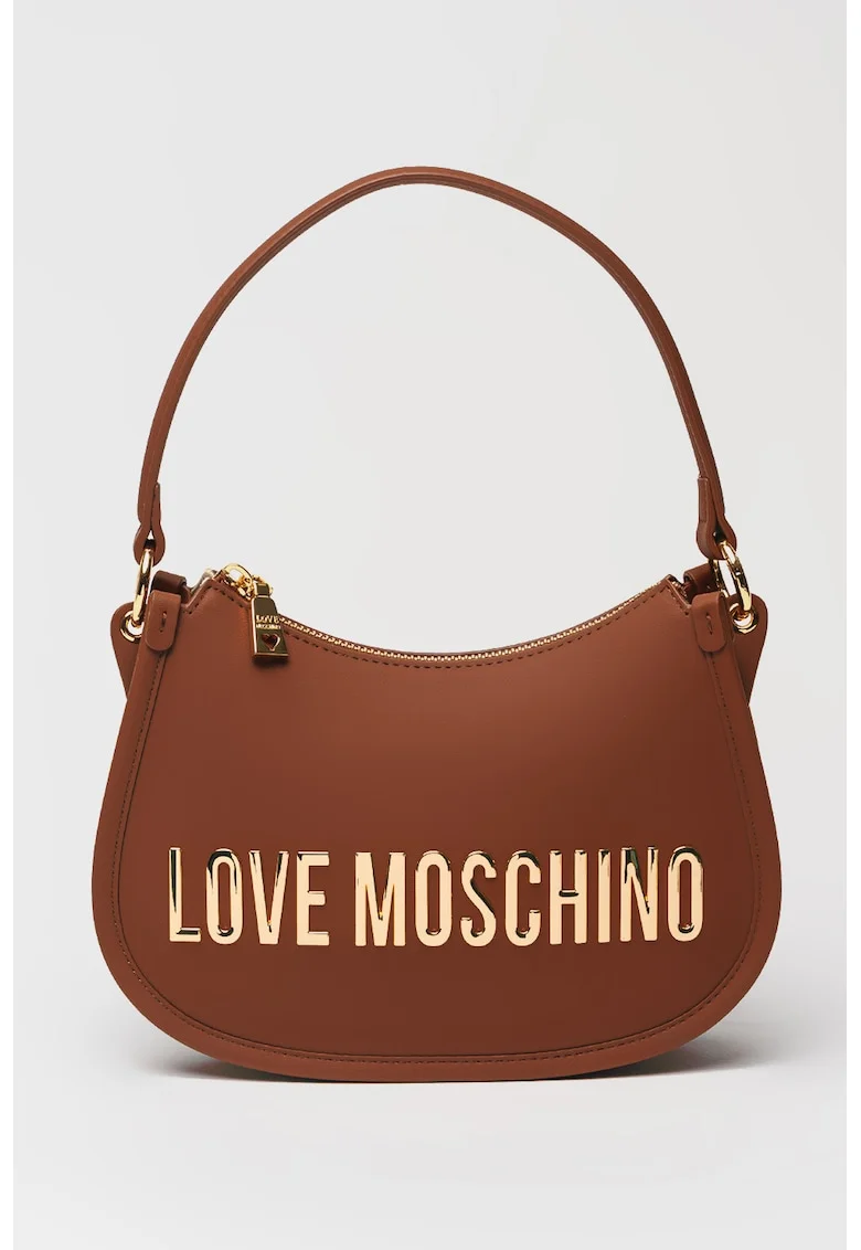 Geanta crossbody de piele ecologica cu logo metalic, Maro scortisoara