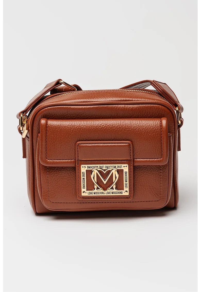 Geanta crossbody de piele ecologica cu buzunar frontal cu clapa, Caramel