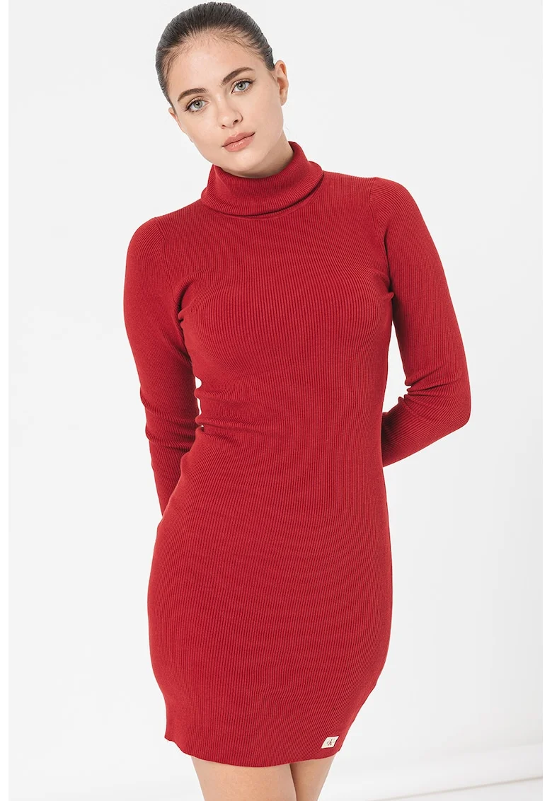 Rochie bodycon mini cu guler inalt, Rosu inchis