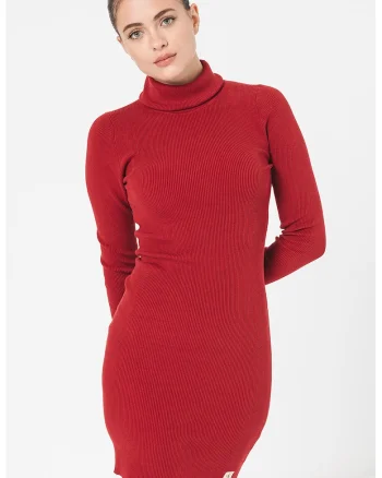 Rochie bodycon mini cu guler inalt, Rosu inchis