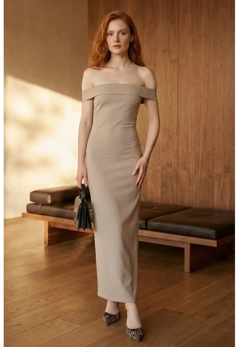 Rochie Maxi Bodycon  bej, crep