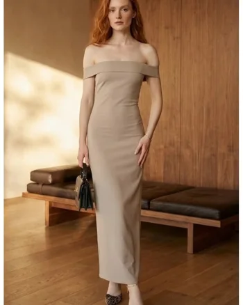 Rochie Maxi Bodycon  bej, crep