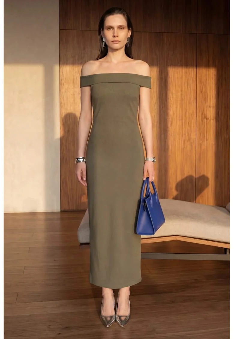 Rochie Maxi,  bodycon, kaki, poliester-viscoza