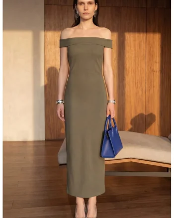 Rochie Maxi,  bodycon, kaki, poliester-viscoza