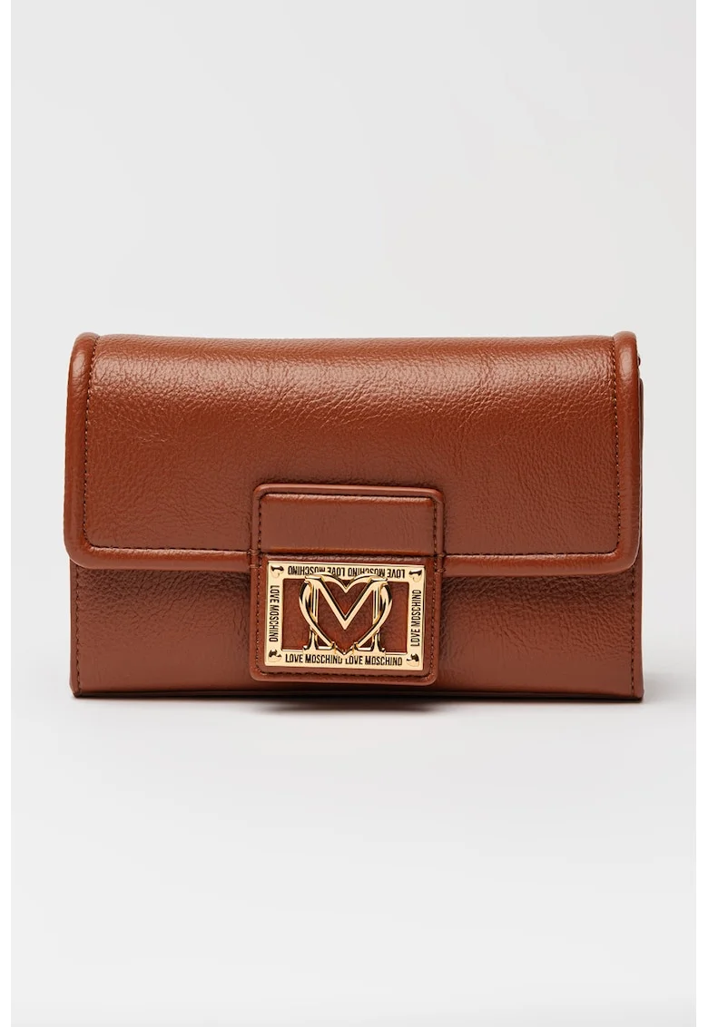 Geanta crossbody din piele ecologica cu logo metalic, Maro cognac
