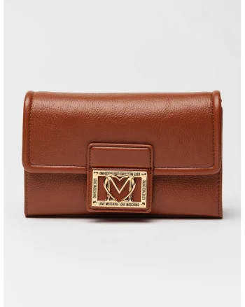 Geanta crossbody din piele ecologica cu logo metalic, Maro cognac