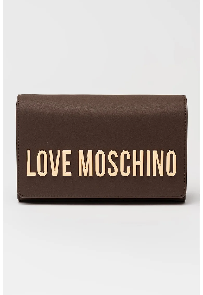 Geanta crossbody de piele ecologica cu bareta din lant si logo metalic, Maro inchis