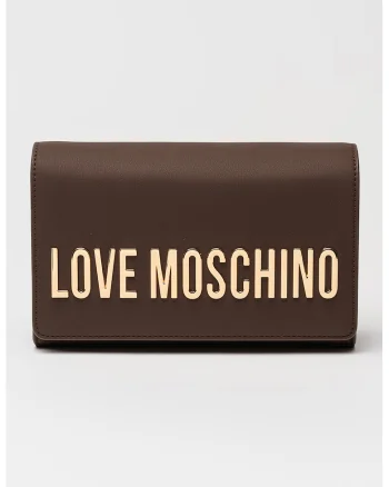 Geanta crossbody de piele ecologica cu bareta din lant si logo metalic, Maro inchis