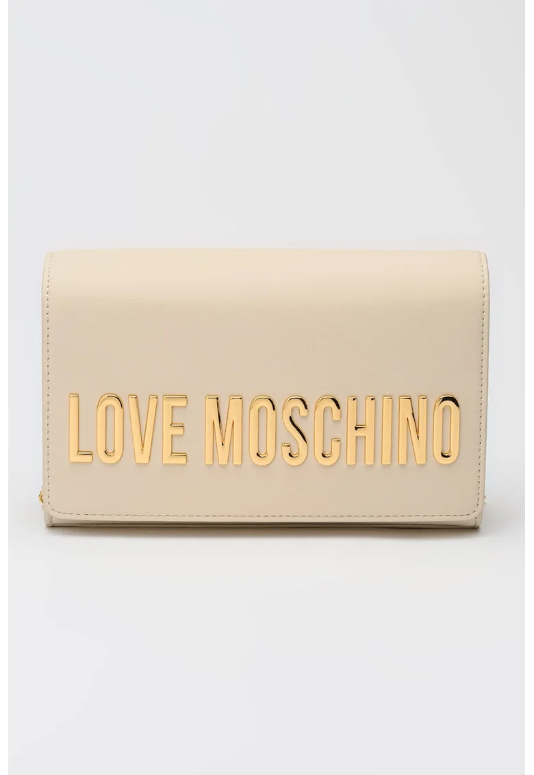 Geanta crossbody de piele ecologica cu bareta din lant si logo metalic, Alb fildes