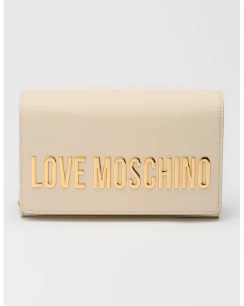 Geanta crossbody de piele ecologica cu bareta din lant si logo metalic, Alb fildes