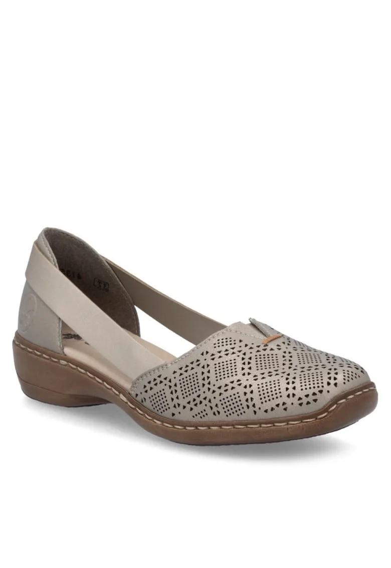Pantofi de damă Rieker cu slip-on cu latura deschisă joasă, bej argintiu combinat 41351-90
