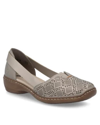 Pantofi de damă Rieker cu slip-on cu latura deschisă joasă, bej argintiu combinat 41351-90