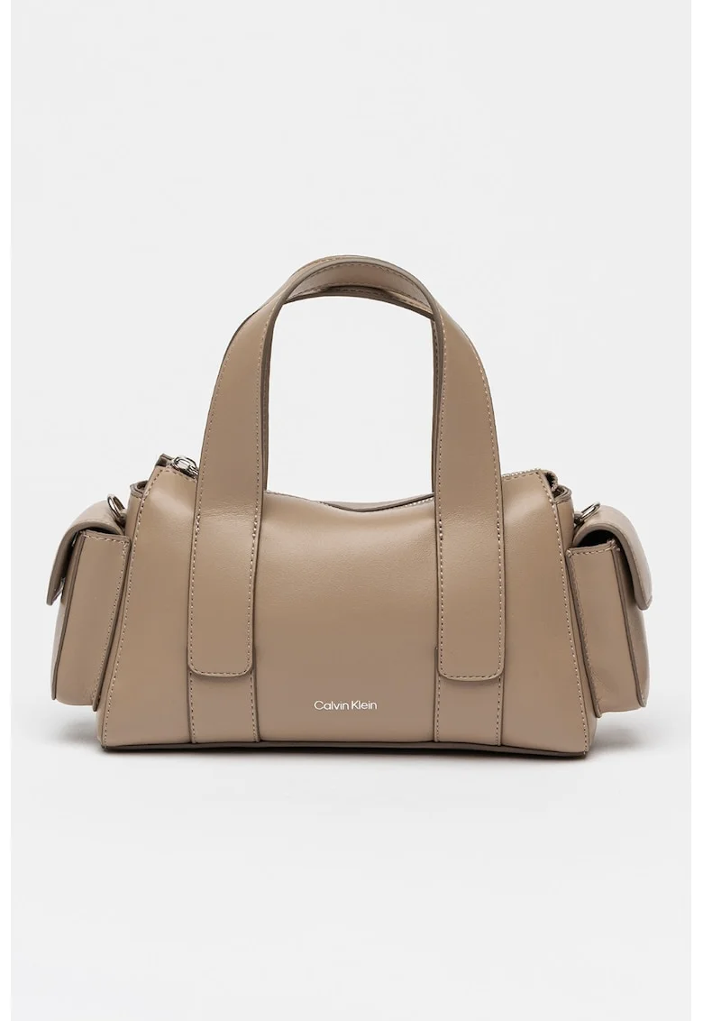Geanta crossbody de piele ecologica cu buzunare laterale cu clapa, Maro taupe