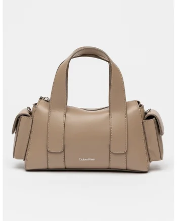 Geanta crossbody de piele ecologica cu buzunare laterale cu clapa, Maro taupe
