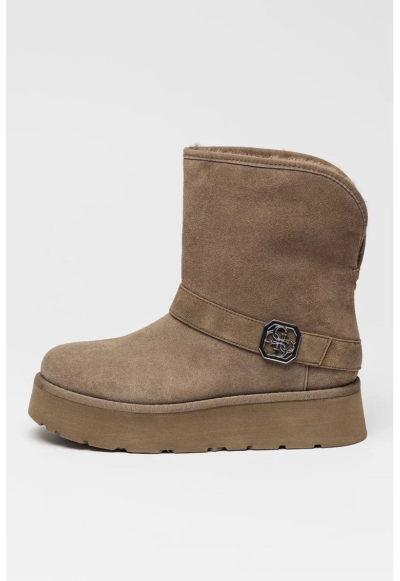 Ghete slip-on de piele intoarsa ecologica cu captuseala de blana sintetica, Kaki