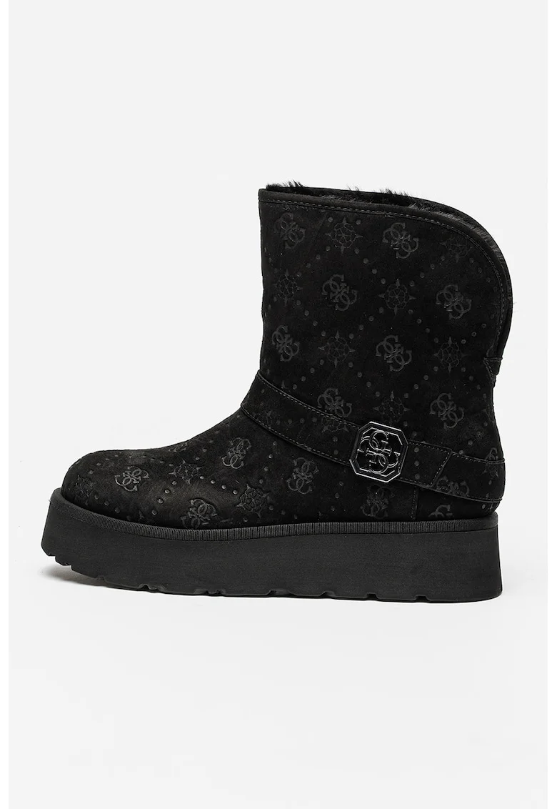 Ghete slip-on de piele intoarsa ecologica cu captuseala de blana sintetica, Negru/Gri carbune