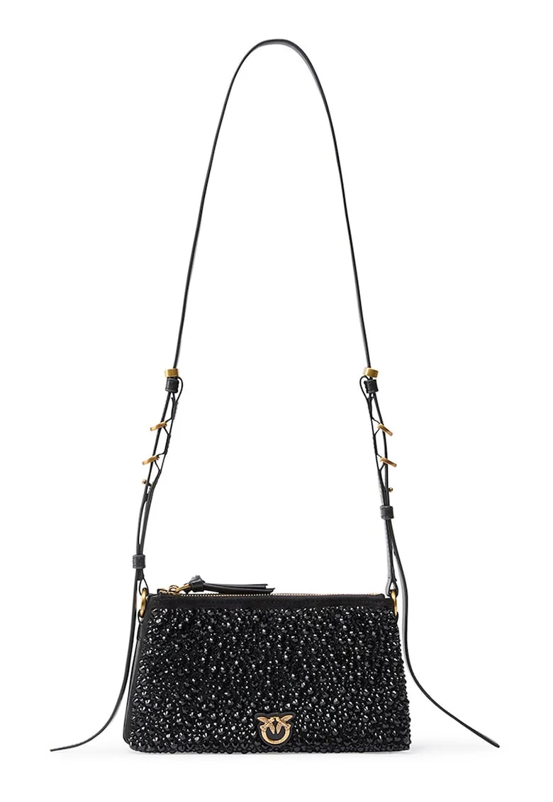 Geanta crossbody cu strasuri si fermoar, Negru