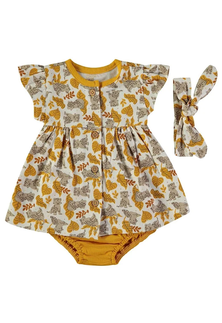 Rochie din bumbac cu chiloti si bentita, Bej/Ocru