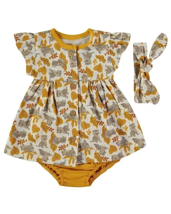 Rochie din bumbac cu chiloti si bentita, Bej/Ocru