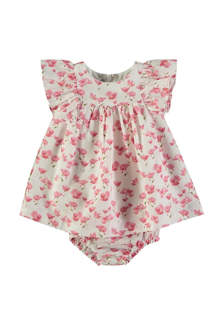 Set de rochie cu volane, imprimeu floral si chiloti, Grej/Rosu pastelat