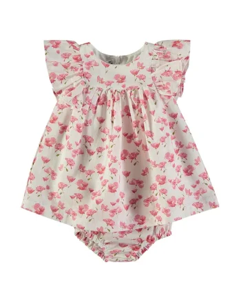Set de rochie cu volane, imprimeu floral si chiloti, Grej/Rosu pastelat