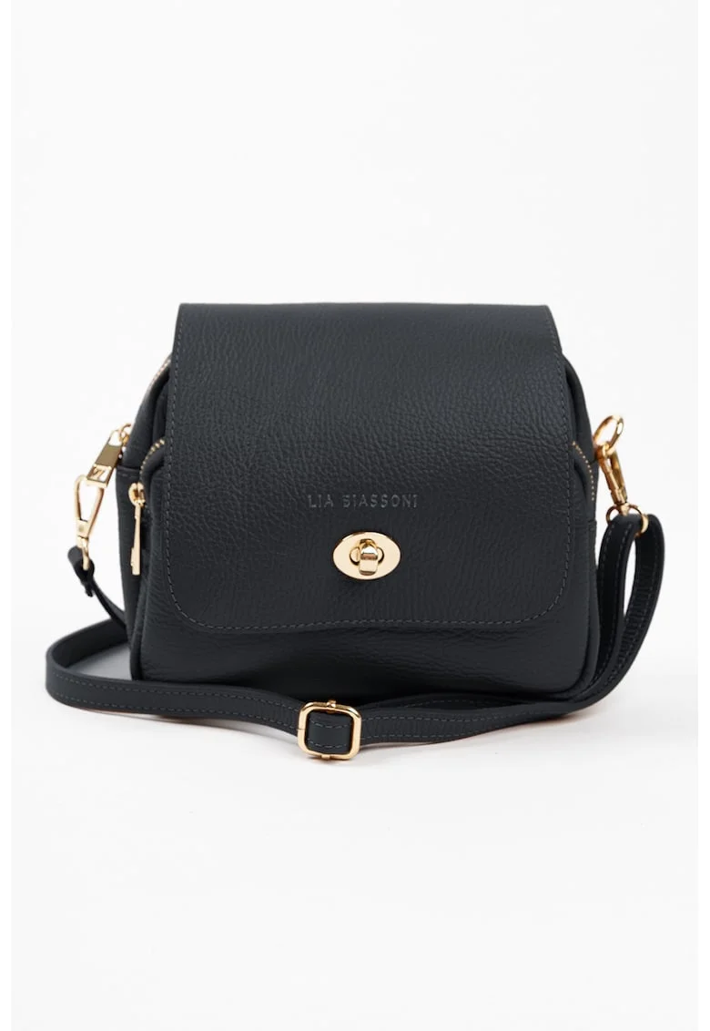 Geanta crossbody de piele cu buzunare exterioare cu fermoar, Negru