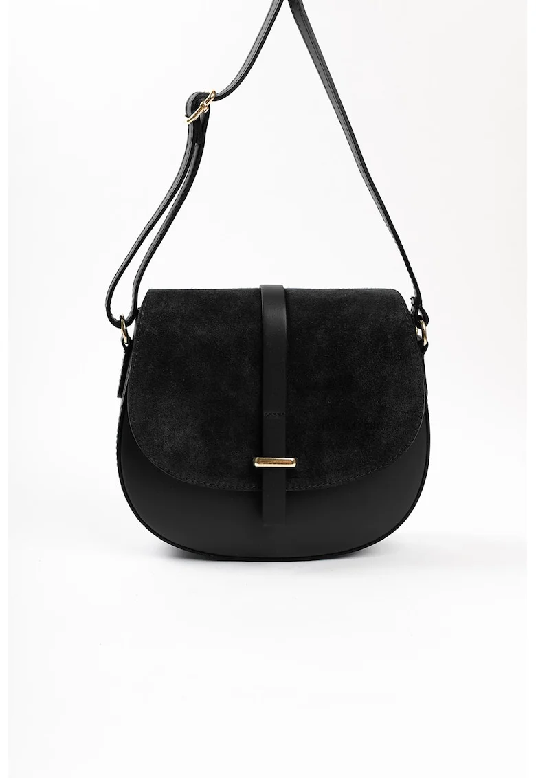 Geanta crossbody de piele cu insertii de piele intoarsa, Negru