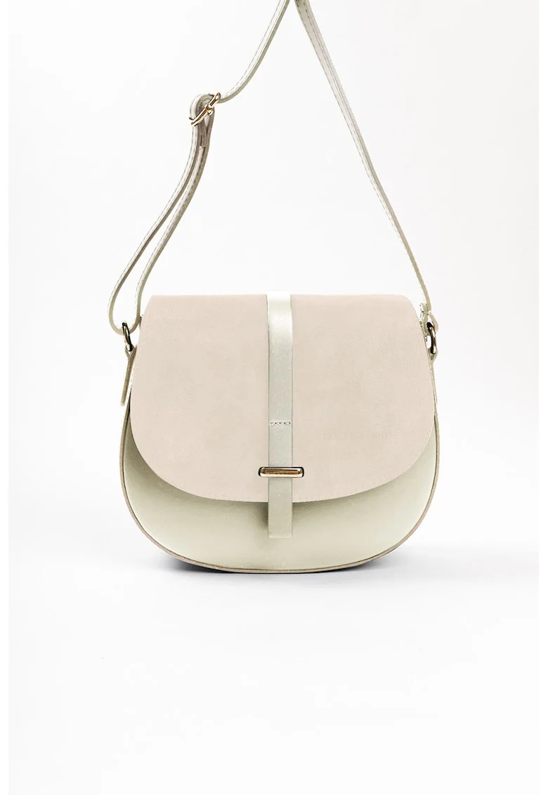 Geanta crossbody de piele cu insertii de piele intoarsa, Alb/Bej