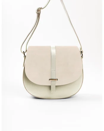 Geanta crossbody de piele cu insertii de piele intoarsa, Alb/Bej