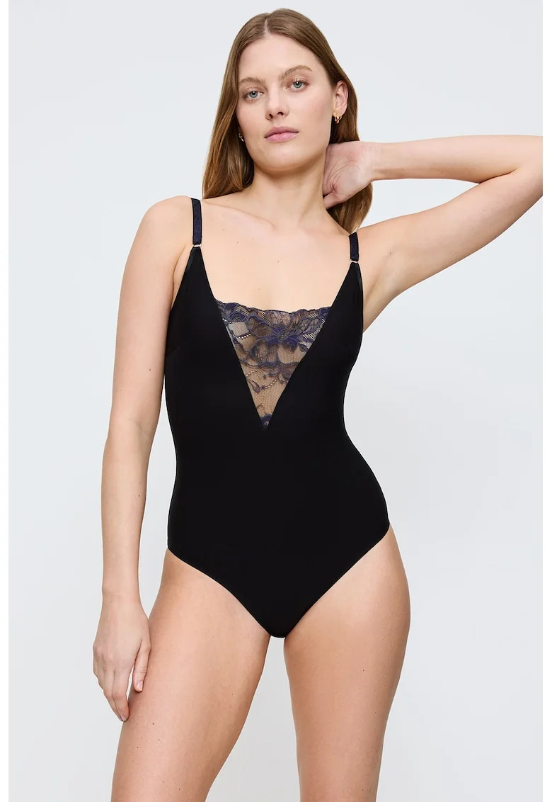 Body din amestec de lyocell cu garnitura din dantela si bretele ajustabile, Negru