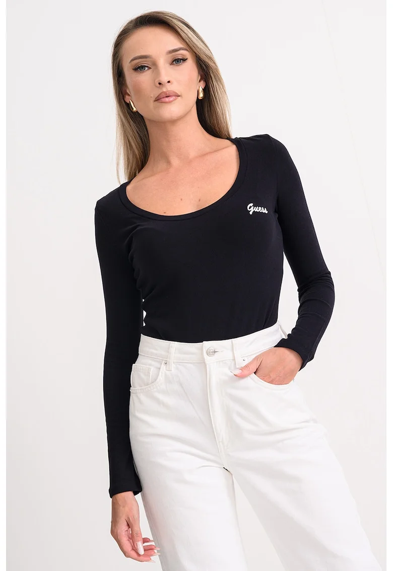 Body slim fit cu maneci lungi, Negru
