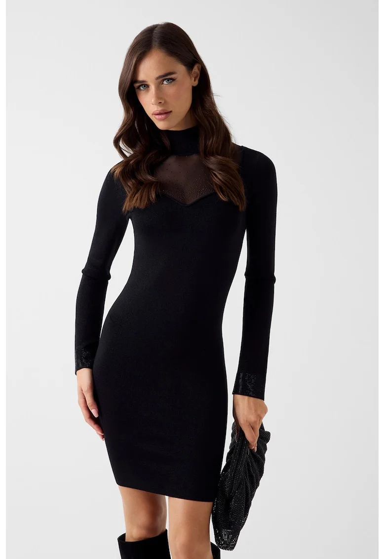 Rochie cu croiala bodycon si garnitura semitransparenta cu strasuri, Negru