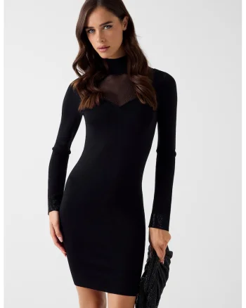 Rochie cu croiala bodycon si garnitura semitransparenta cu strasuri, Negru