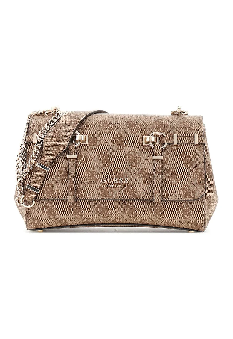 Geanta crossbody cu clapa, model monograma si bareta din lant Leona, Caramel