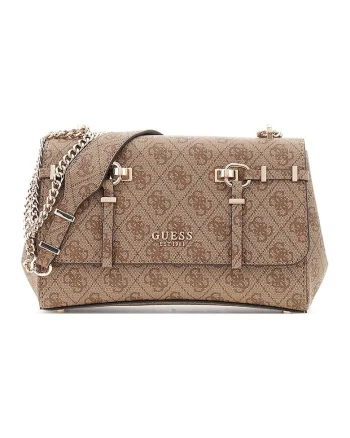Geanta crossbody cu clapa, model monograma si bareta din lant Leona, Caramel